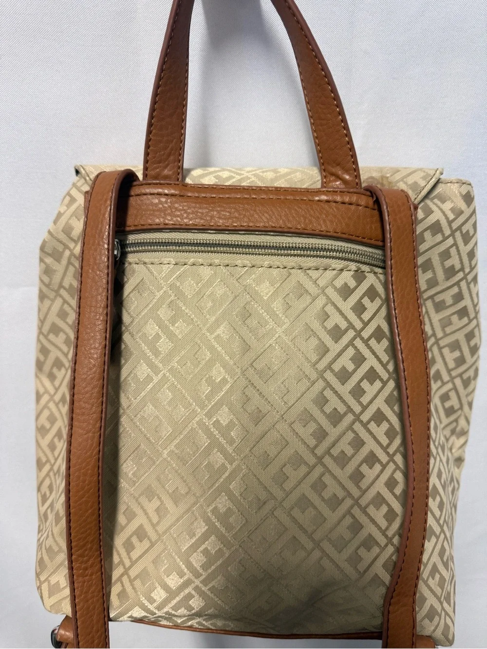 Beige Patterned Backpack with Tassel